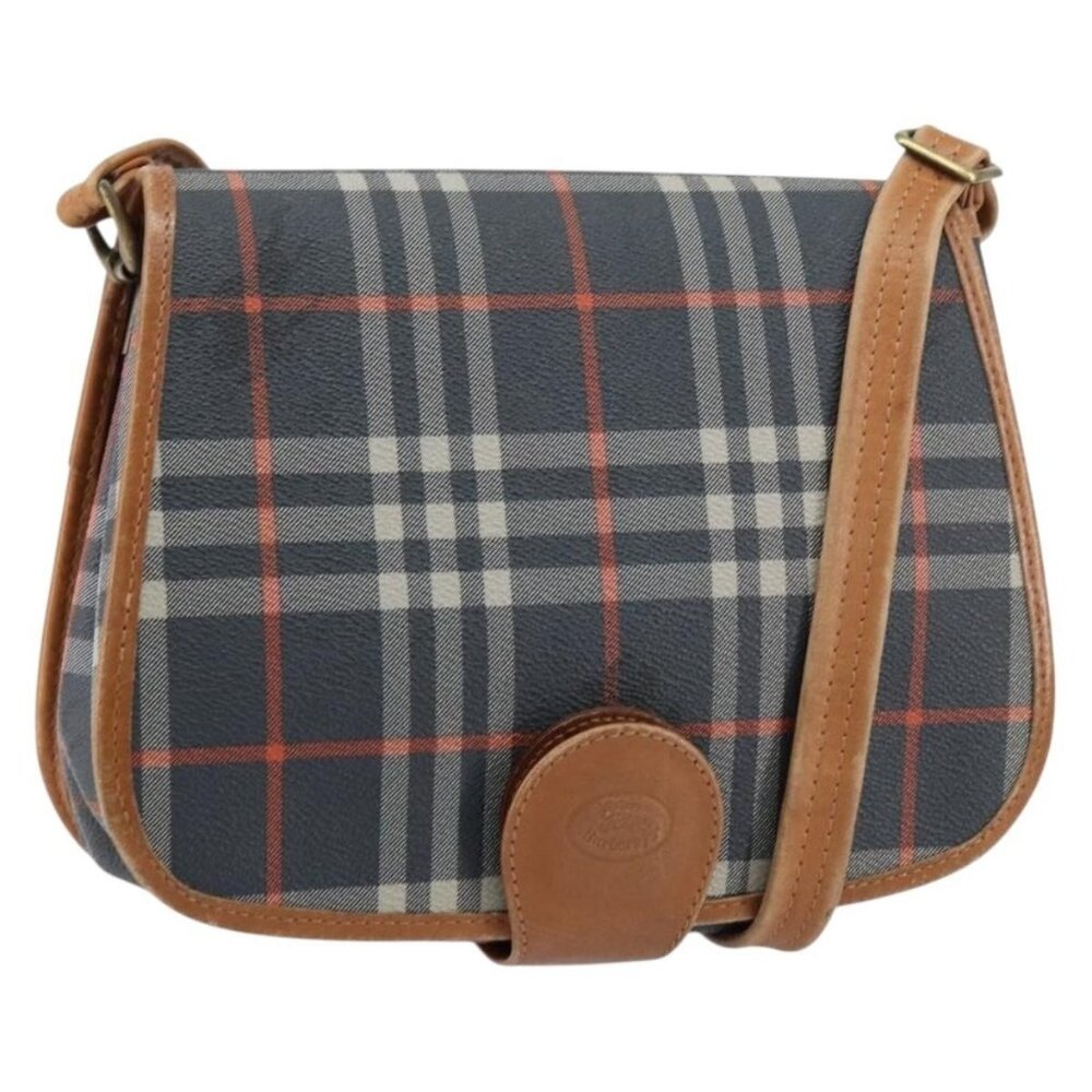 Authentic Burberrys Nova Check Shoulder Bag PVC Navy Gold